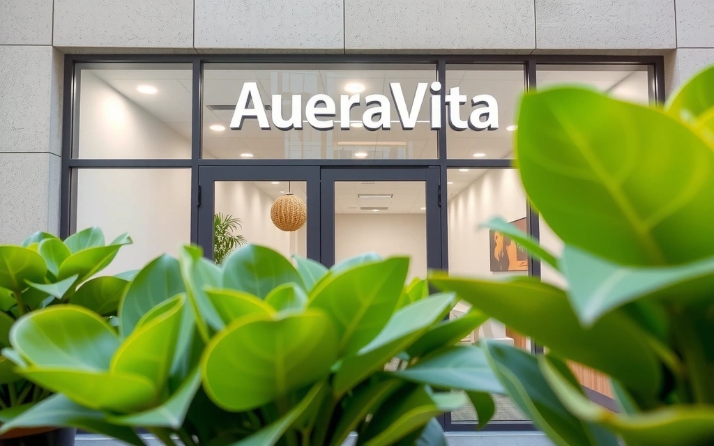 Imagine cu sediul Aureavitacz, o clădire modernă cu multă lumină naturală și plante verzi la interior