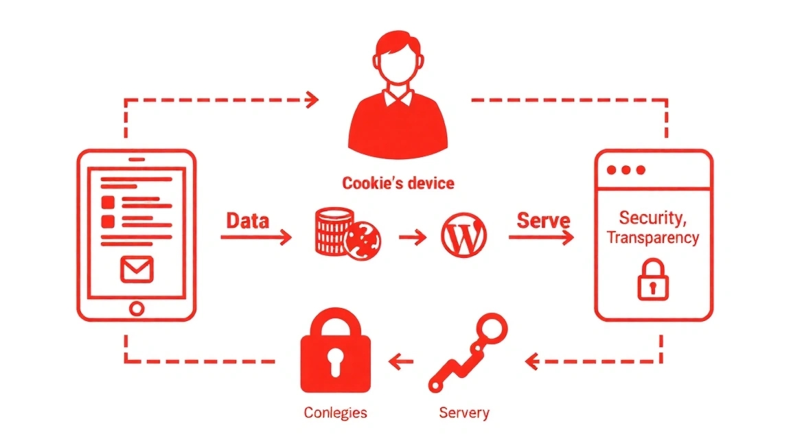 Diagramă stilizată care arată fluxul de date al cookie-urilor între utilizator, site și server, cu accent pe confidențialitate