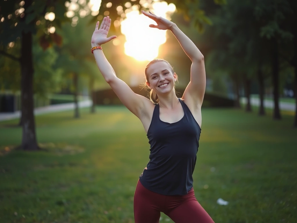 Imagine cu o femeie zâmbind, făcând yoga în aer liber, într-un parc verde, la răsăritul soarelui.
