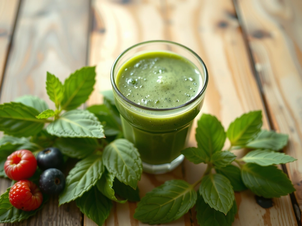 Imagine cu un smoothie verde, proaspăt și sănătos, decorat cu frunze de mentă și fructe de pădure.