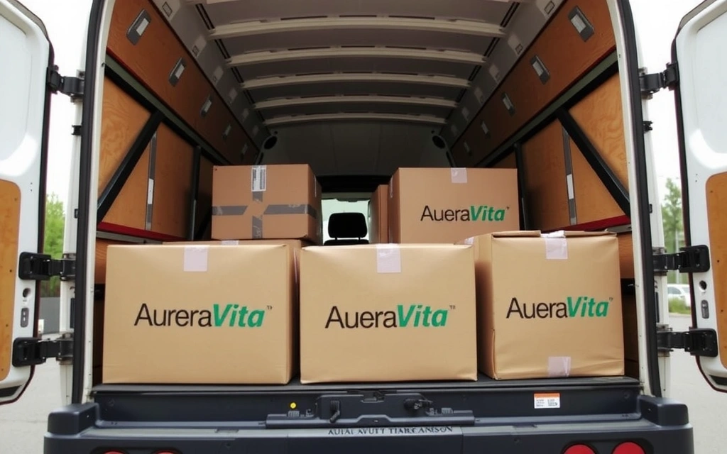 Cutii de livrare Aureavitacz într-un camion de curierat, simbolizând procesul de livrare.