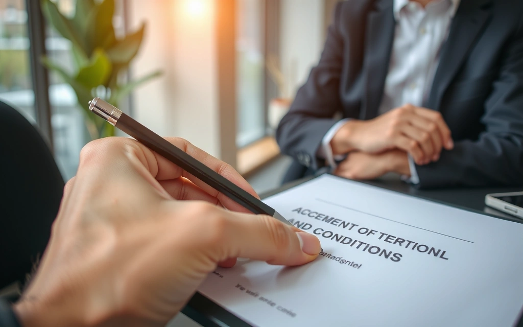 Mână semnând un contract digital, simbolizând acceptarea termenilor și condițiilor.